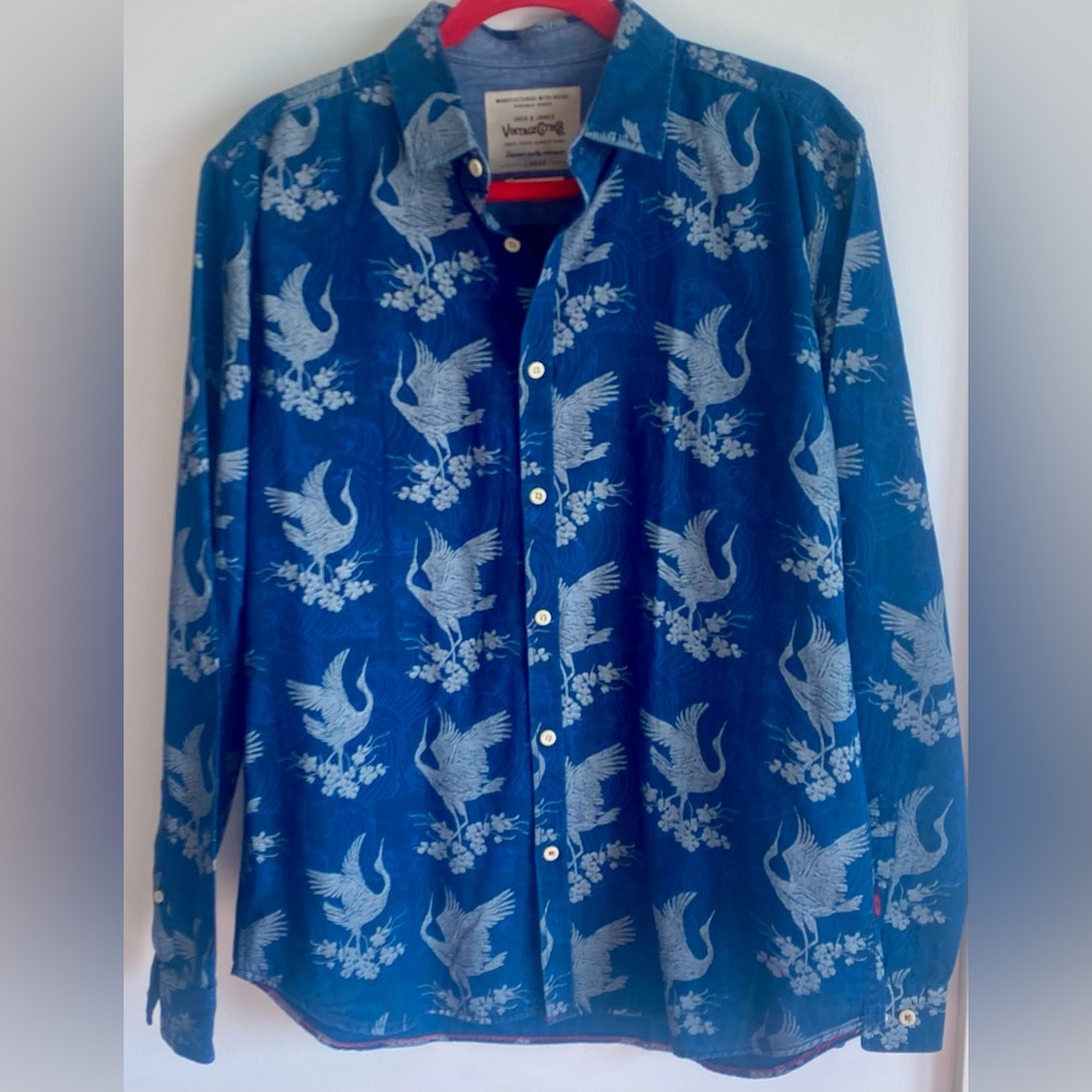 Jack Jones Vintage Co.  Blue Crane Print Button-Up Shirt size large